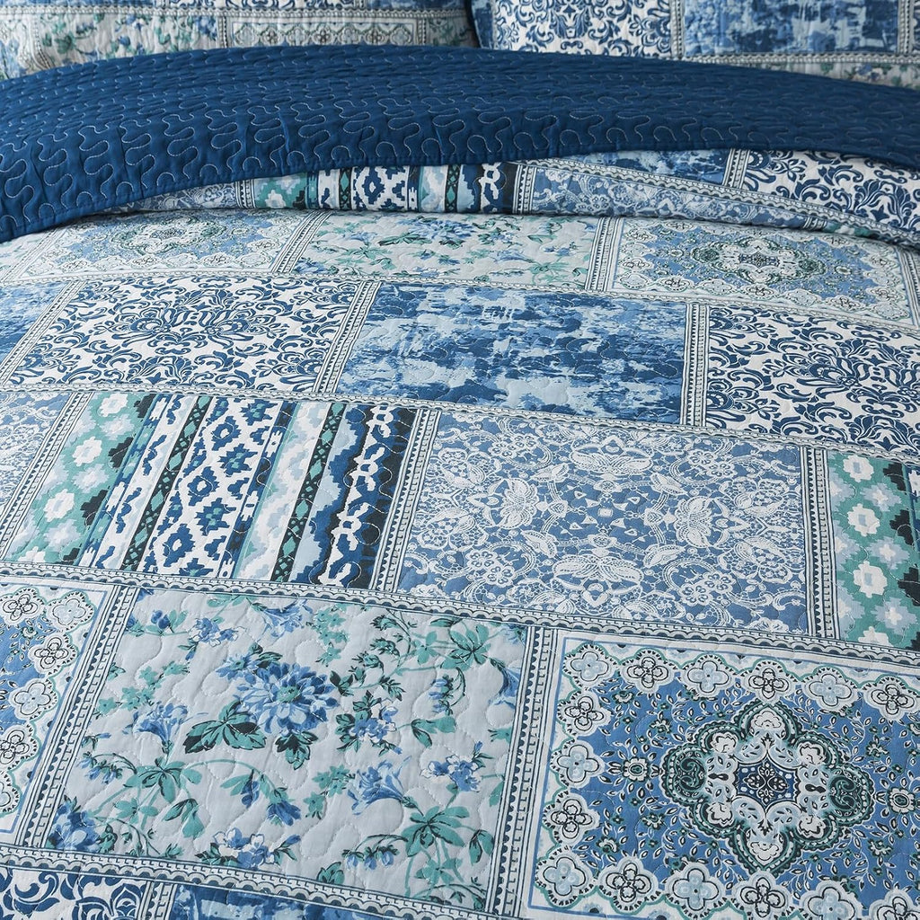 NEWLAKE Cotton Bedspread Quilt Sets-Reversible Patchwork Coverlet Set, Blue Classic Bohemian Pattern,California King Size