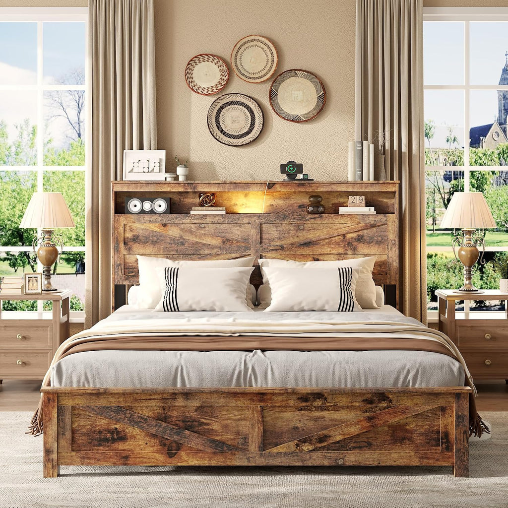 Farmhouse Queen Size Bed Frame with Storage Headboard, Wooden Platform Bed Frame with LED Lights & Charging Station, Rustic Brown Metal Bed, No Box Spring Needed, Noise-Free Sturdy Structure