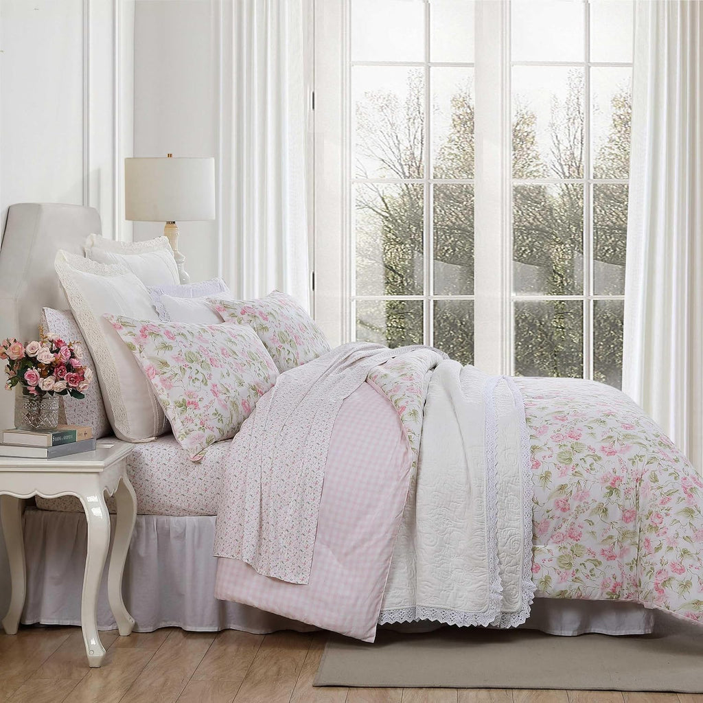 Laura Ashley – Queen Comforter Set, Soft Bedding with Matching Shams, Textured Floral Room Decor, College Dorm Room Essentials (Morning Gloria Pink)