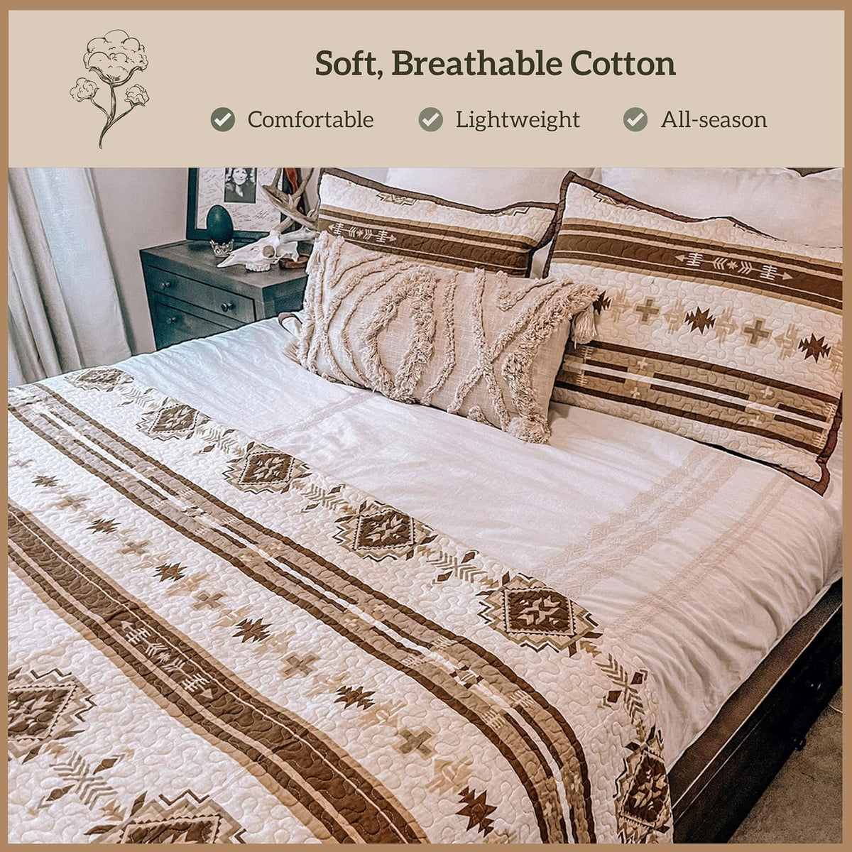 Paseo Road Dakota Queen Quilt Set, 3 Piece Rustic Western Bedding Set with Pillow Sham, Lightweight Reversible Cotton Quilt with Southwestern Aztec Pattern, Soft Breathable Cozy Boho Bedding