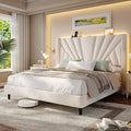 EnHomee Queen Bed Frame with 51' Tall Velvet Wingback Headboard, LED Lights, and Charging Station, Noise-Free Platform Bed with Spacious Underbed Space, Beige