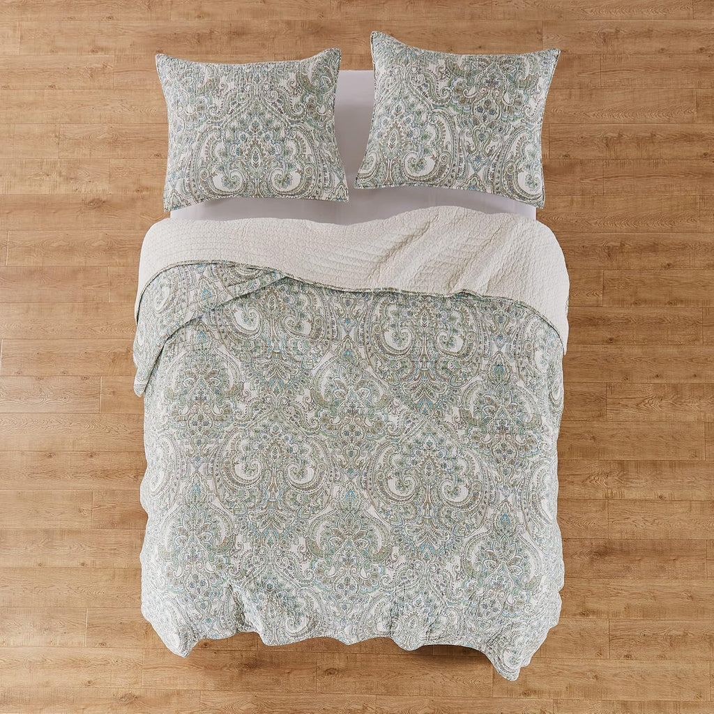 Levtex Home - Assisi Quilt Set - King/Cal King Quilt and Two King Shams - Regal Floral- Cream, Green, Blue and Taupe - Quilt (106x92in.) and Shams (20x36in.) - Reversible - Cotton/Cotton