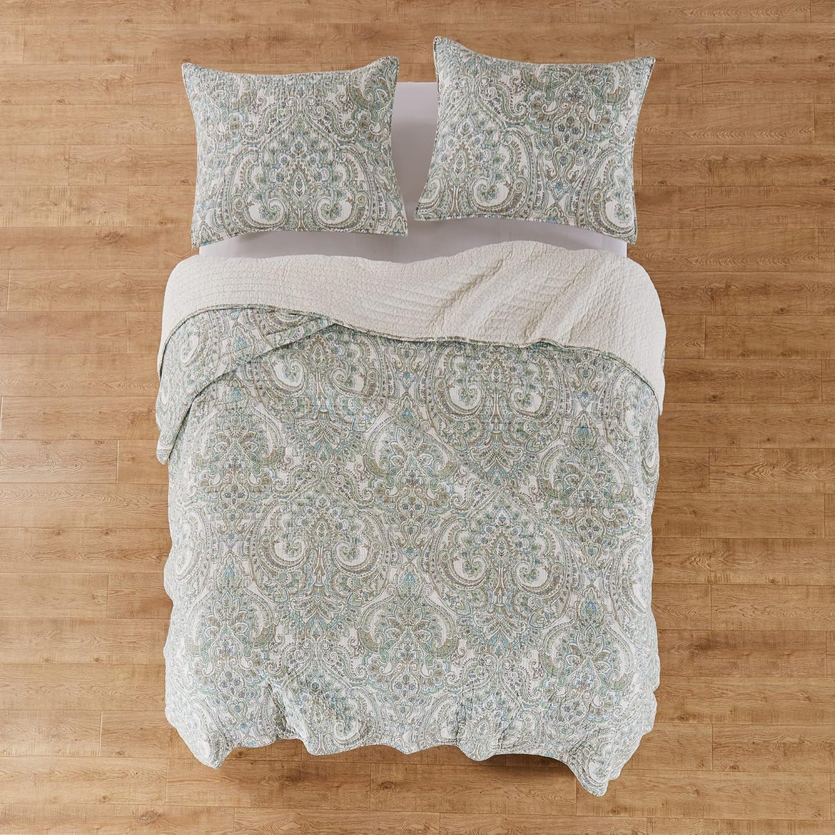 Levtex Home - Assisi Quilt Set - Twin/Twin XL Quilt and One Standard Sham - Regal Floral- Cream, Green, Blue and Taupe - Quilt (68x86in.) and Sham (20x26in.) - Reversible - Cotton/Cotton