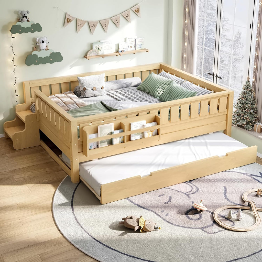 Bellemave Full Bed with Trundle and Stairs, Full Size Platform Bed Frame with Fence and Bookshelf, Easy Assemble Beds for Kids, Girls, Boys, Light Natural