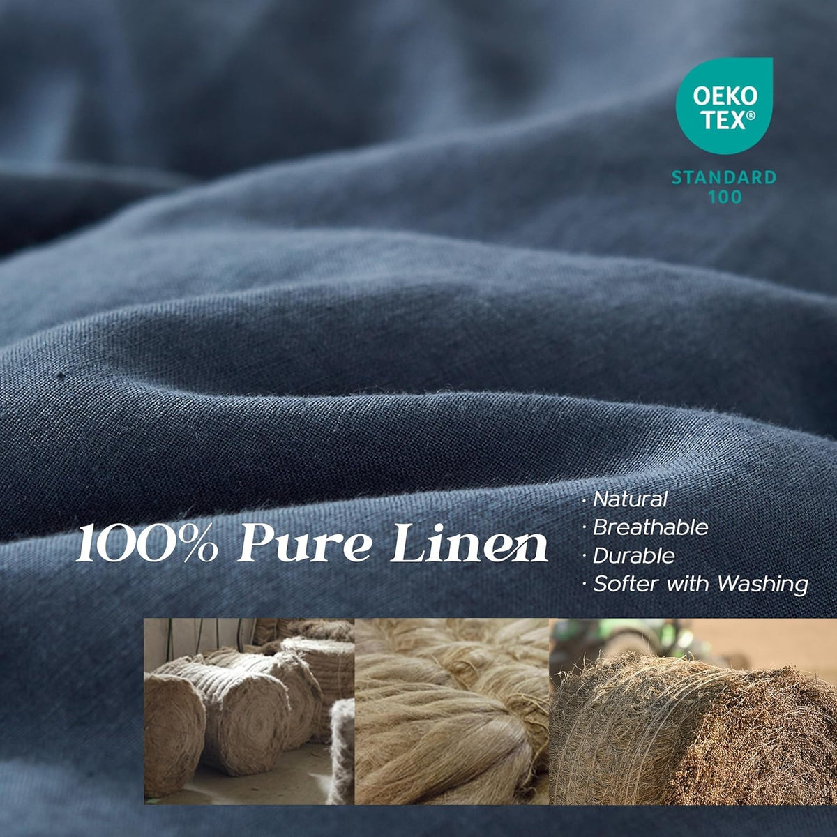 Simple&Opulence 100% Linen Duvet Cover Set, 3 PCS Classic Blue Duvet Cover Queen Size, Breathable Soft Comfy Linen Bedding Comforter Cover with 2 Pillowcases(Classic Blue, 88'x92')