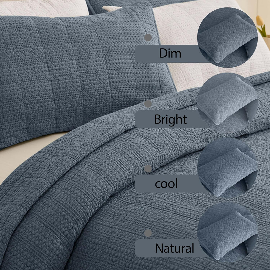 90x92 Queen Size Quilt Set with Pillow Shams Quilted Bedding Cover Ultra Soft Bedspread 3 Pieces Lightweight Soft Blanket for Home Decor,Gray Blue