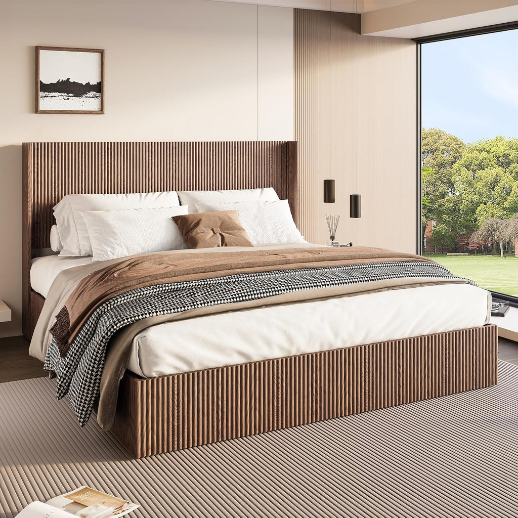 Lift Up Storage Bed King Size, King Bed Frame with Headboard and Lift Storage System, Wood Headboard with Wing-Back and Convex Groove Board Design