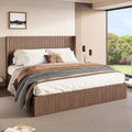 Lift Up Storage Bed King Size, King Bed Frame with Headboard and Lift Storage System, Wood Headboard with Wing-Back and Convex Groove Board Design