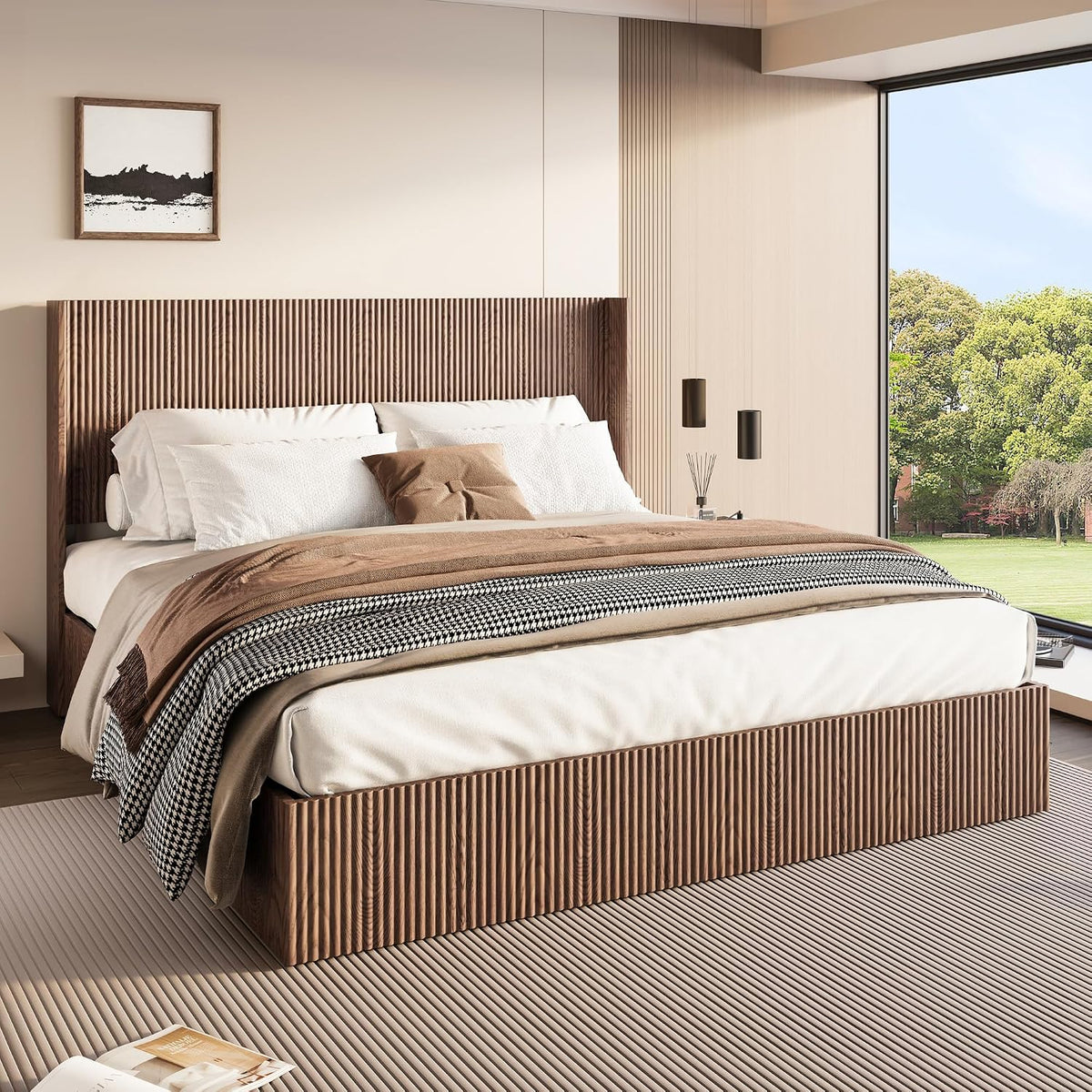 Lift Up Storage Bed King Size, King Bed Frame with Headboard and Lift Storage System, Wood Headboard with Wing-Back and Convex Groove Board Design