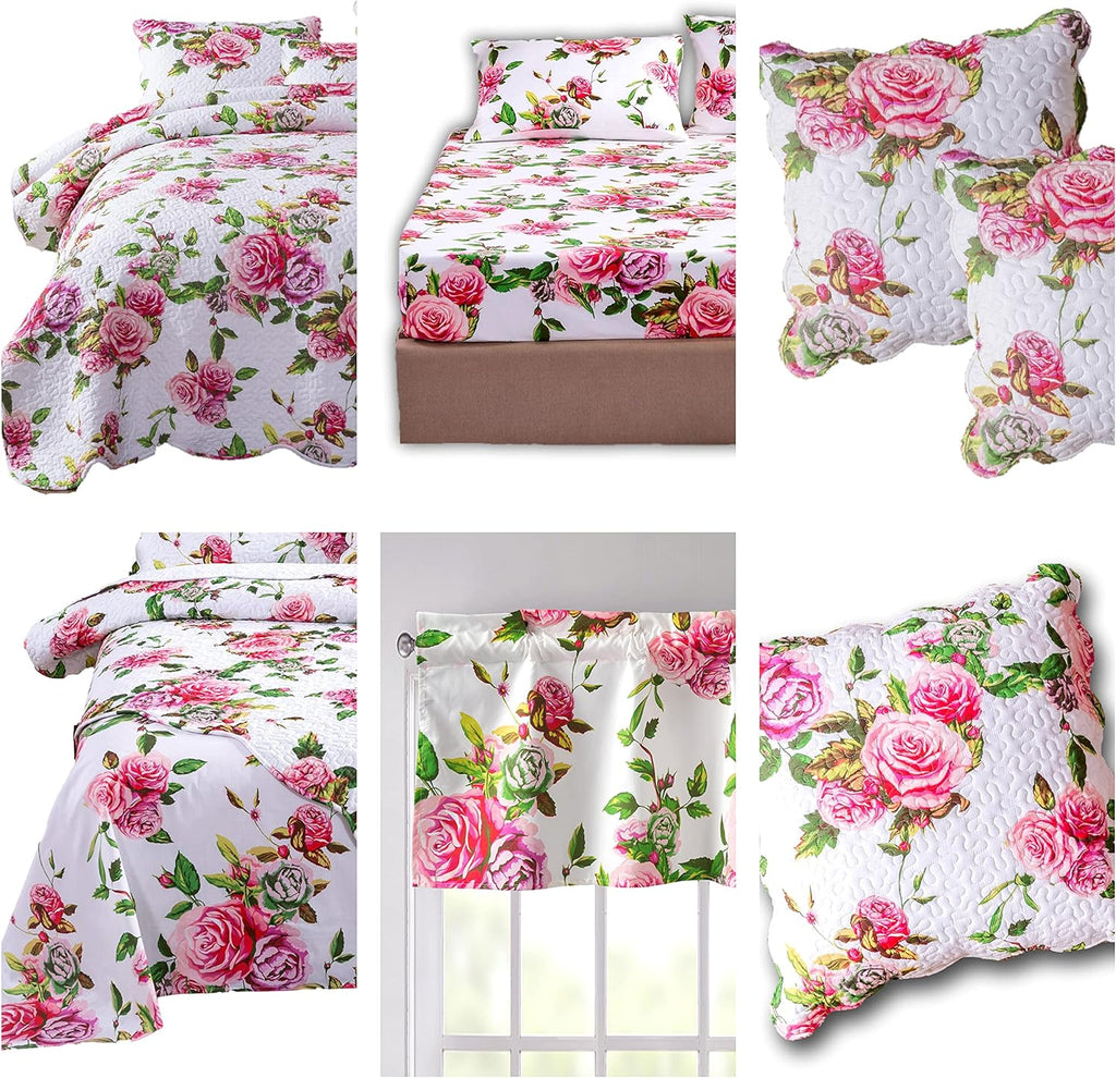 DaDalogy Bedding 10-Pieces Floral Bed in a Bag Set - Romantic Roses Lovely Blooming Pink Bedspread Fitted & Flat Sheets Set w/Throw Euro Sham Pillow Covers & Window Curtain Valance - Twin Size
