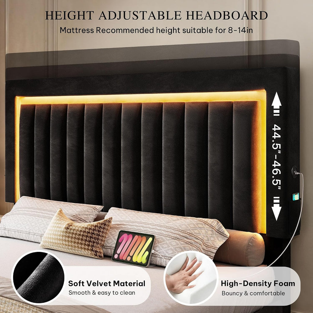 YITAHOME King Size Bed Frame with Adjustable Headboard, 4 Storage Drawers and RGB LED Lights, Velvet Upholstered Platform Bed with USB Ports, No Box Spring Needed, Fast Assembly, Noise-Free, Black