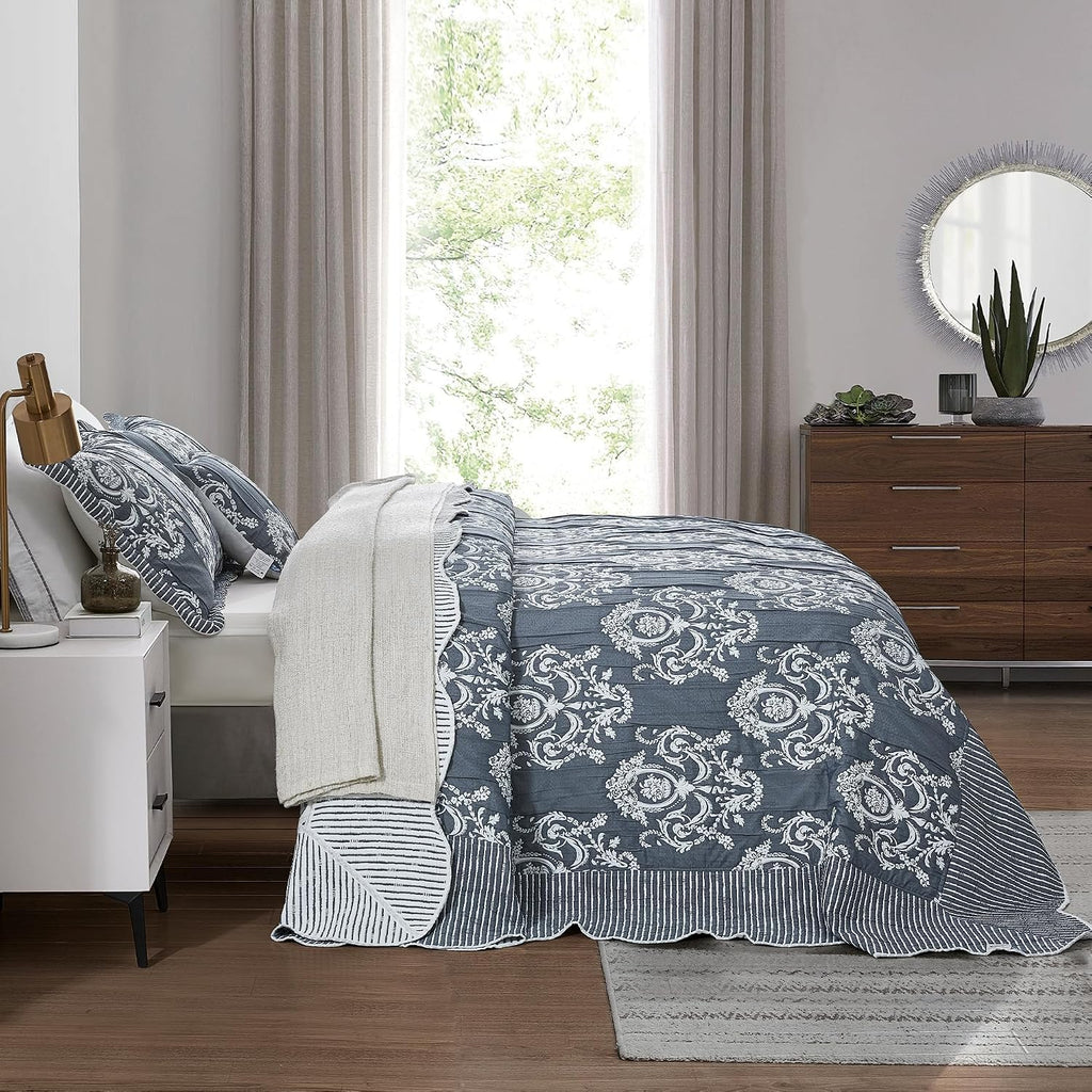 HZ & HY Oversized Queen Bedspread, Jacquard Matelasse Damask Pattern Design, Lightweight, Reversible, 5 Piece, 100% Microfiber, Queen, Dark Blue