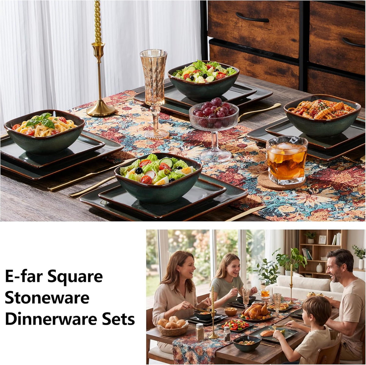 E-far Square plates and bowls Sets for 6, 18-Piece Reactive Glaze Stoneware Dinnerware Sets, Ceramic Dishes for Kitchen Dining, Microwave & Dishwasher Safe, Obsidian Green