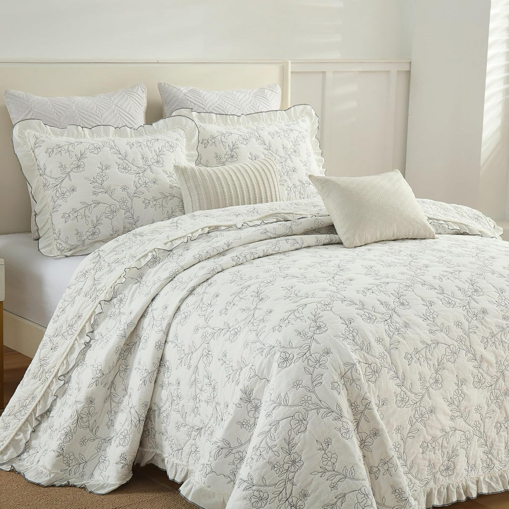 MarCielo 3-Piece 100% Cotton Bedspread Lightweight Quilt Coverlet Embroidery Farmhouse Bedding Set (Floral,Queen (98' X 90'))