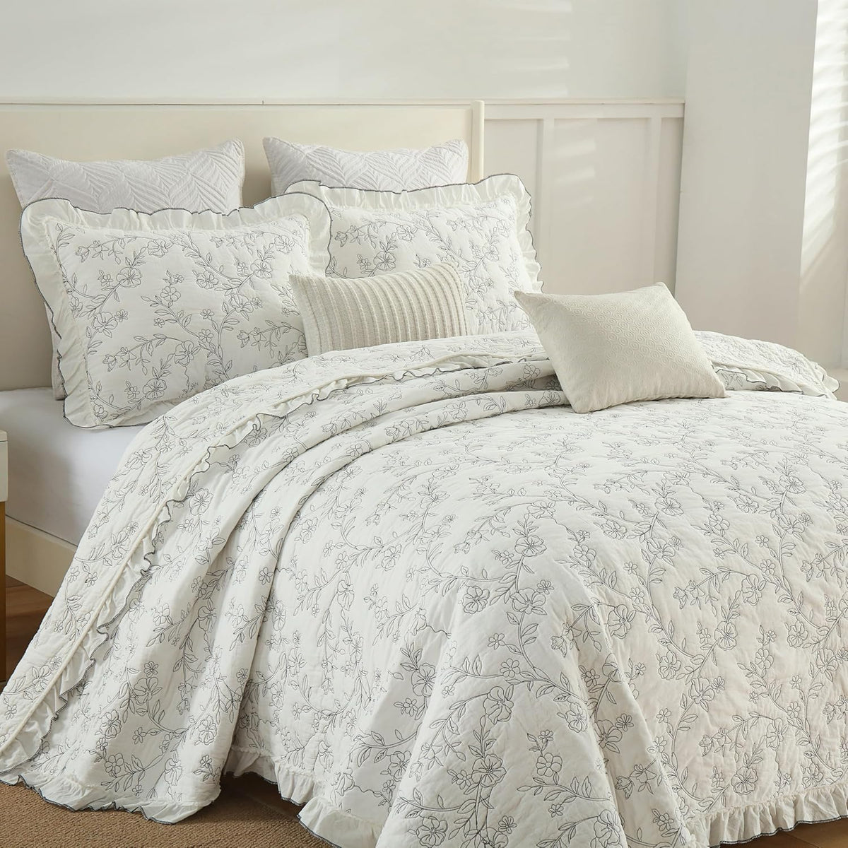 MarCielo 3-Piece 100% Cotton Bedspread Lightweight Quilt Coverlet Embroidery Farmhouse Bedding Set (Floral,Queen (98' X 90'))