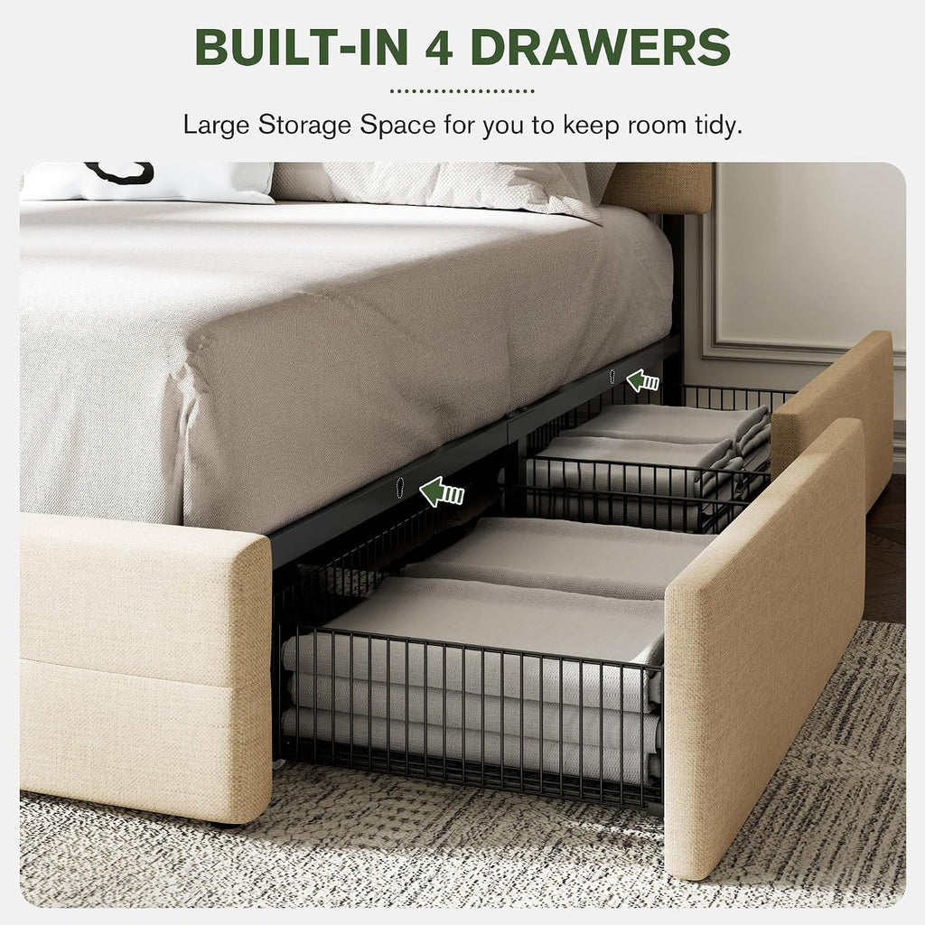 MUTICOR King Size Bed Frame with 4 Storage Drawers, Upholstered Platform Bed with Button Tufted Adjustable Headboard, No Box Spring Needed, Easy Assembly, Square Tufted, Beige Fabric