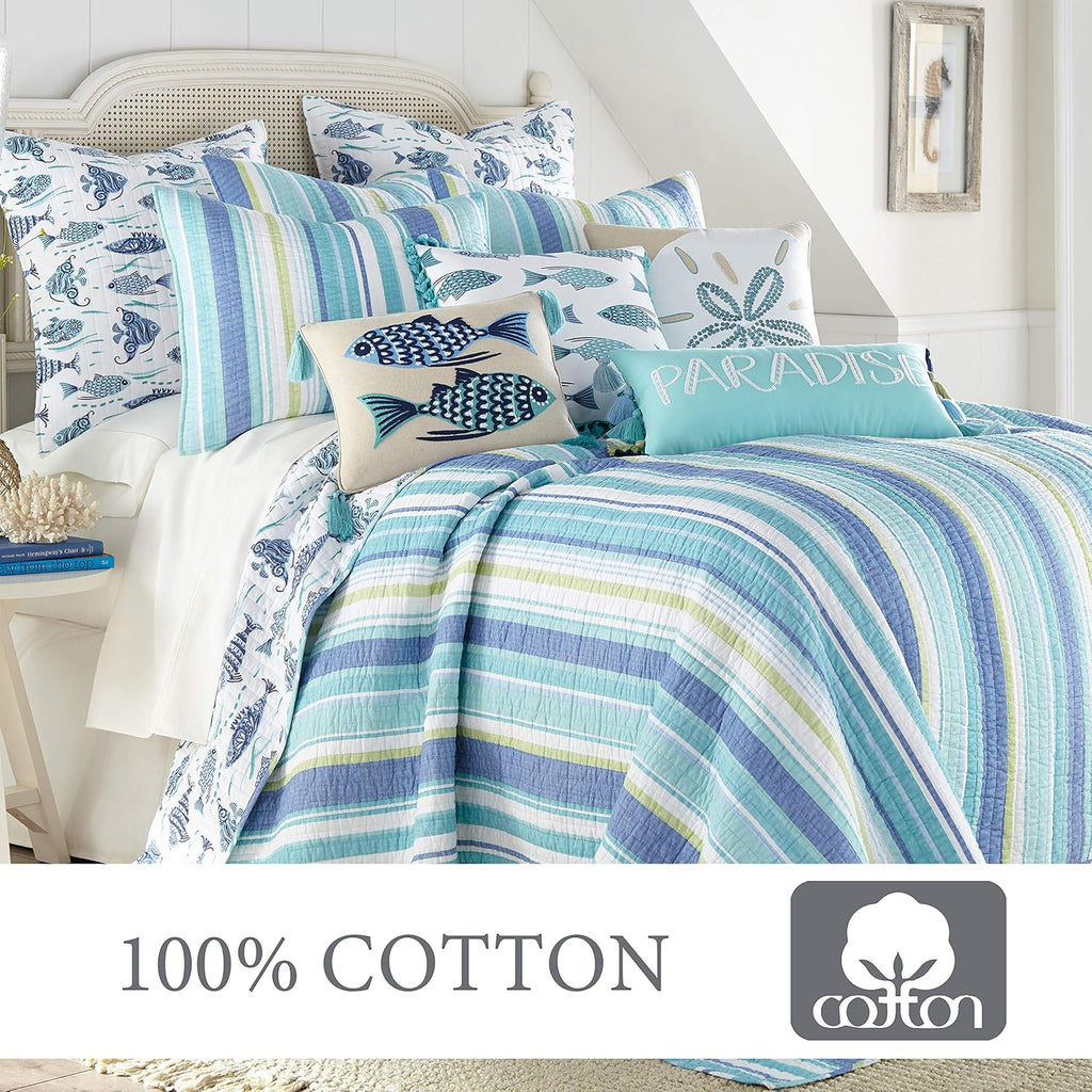 Levtex Home - Laida Beach Quilt Set -Twin Quilt + One Standard Pillow Sham - Coastal Stripe - Green, Blue, White - Quilt Size (68x86in.) and Pillow Sham Size (26x20in.) - Reversible - Cotton