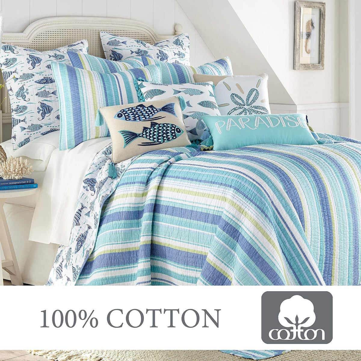 Levtex Home - Laida Beach Quilt Set -Twin Quilt + One Standard Pillow Sham - Coastal Stripe - Green, Blue, White - Quilt Size (68x86in.) and Pillow Sham Size (26x20in.) - Reversible - Cotton