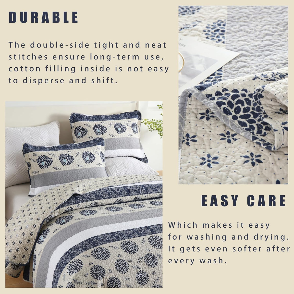 Homzard California King Size Comforter Set,Navy Blue Beige All Cotton Quilted Bedspread (118 * 106 Inch) with 2 Pillow Shams,Oversized Floral Quilt Set Lightweight All Season Coverlet | 3 Piece All Season