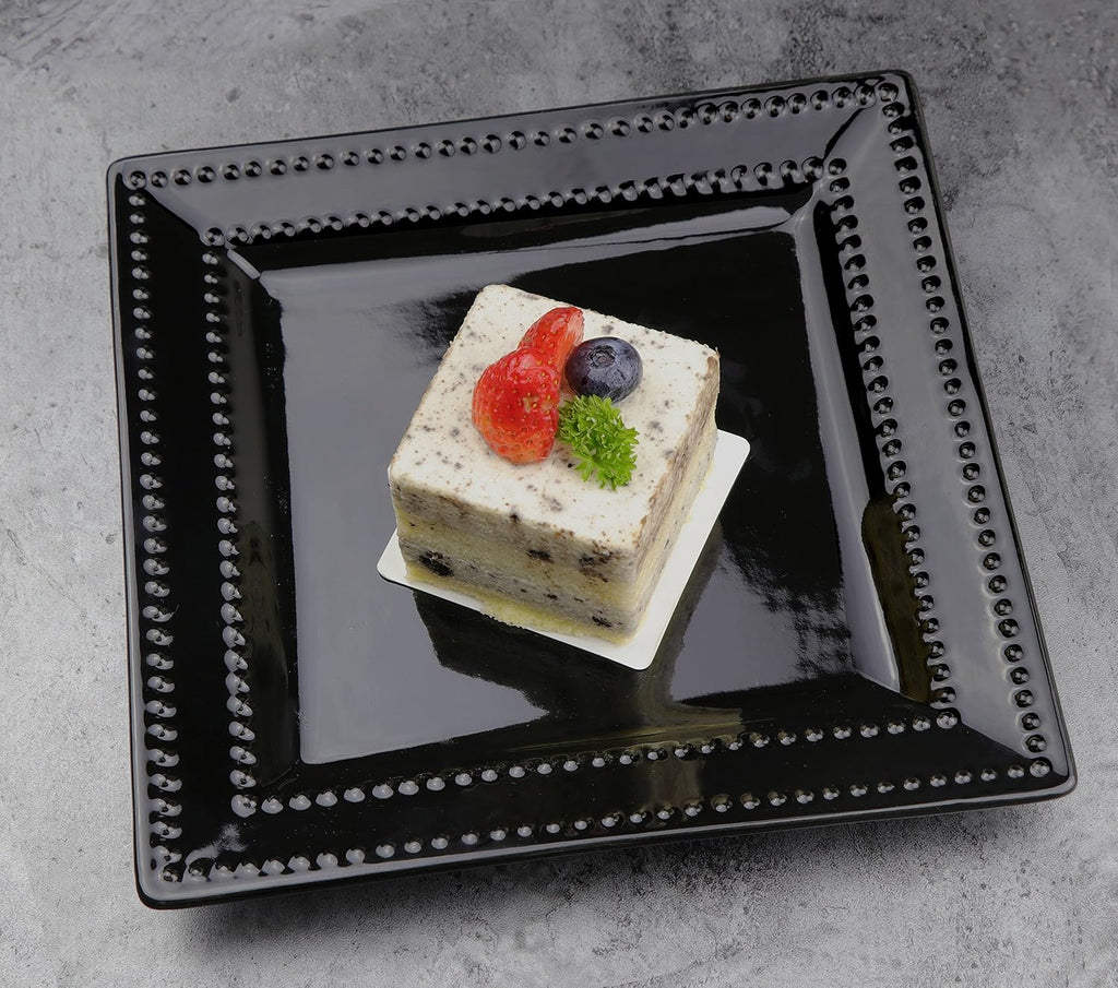 Stylish and Elegant 16 Piece Square Beaded Stoneware Dinnerware set Service for Hosting Parties and Events - Black, 16 Piece, Square Beaded