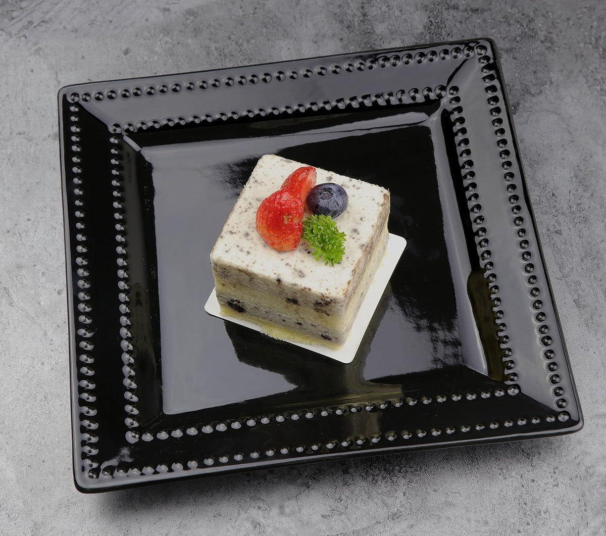 Stylish and Elegant 16 Piece Square Beaded Stoneware Dinnerware set Service for Hosting Parties and Events - Black, 16 Piece, Square Beaded