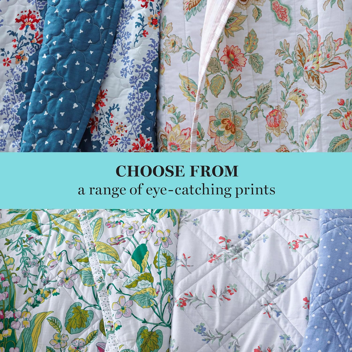 Martha Stewart 100% Cotton 3 Piece Reversible Quilt Set, Washed, Percale, Light Blue/White, 1 Quilt, 2 King Shams, Soft and Breathable, Lightweight, Ditsy Floral Printed Bedspread, King Size