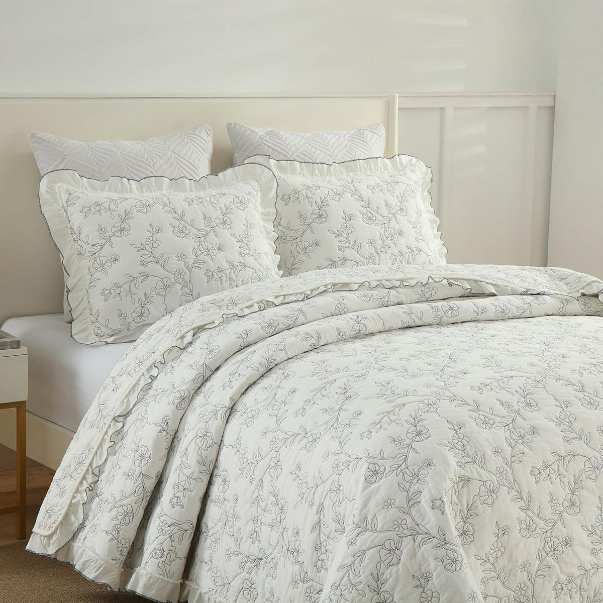 MarCielo 3-Piece 100% Cotton Bedspread Lightweight Quilt Coverlet Embroidery Farmhouse Bedding Set (Floral,Queen (98' X 90'))