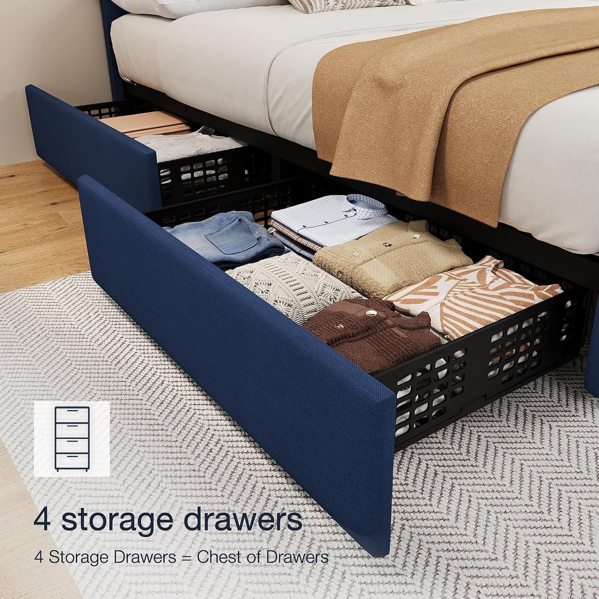 GarveeHome King Size Bed Frame with 4 Storage Drawers and Adjustable Headboard, Linen Upholstered Platform Beds, Diamond Stitched Button Tufted, No Box Spring Needed, Blue