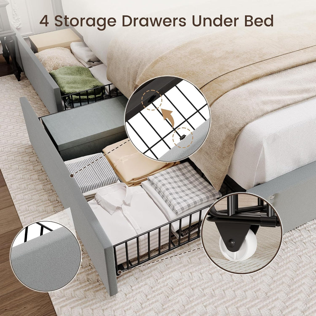 BRELTAM King Size Bed Frame with 4 Storage Drawers and Tufted Headboard Velvet Upholstered Platform Bed Frame with Heavy Duty Wood Slats, No Box Spring Needed, Bluish Grey