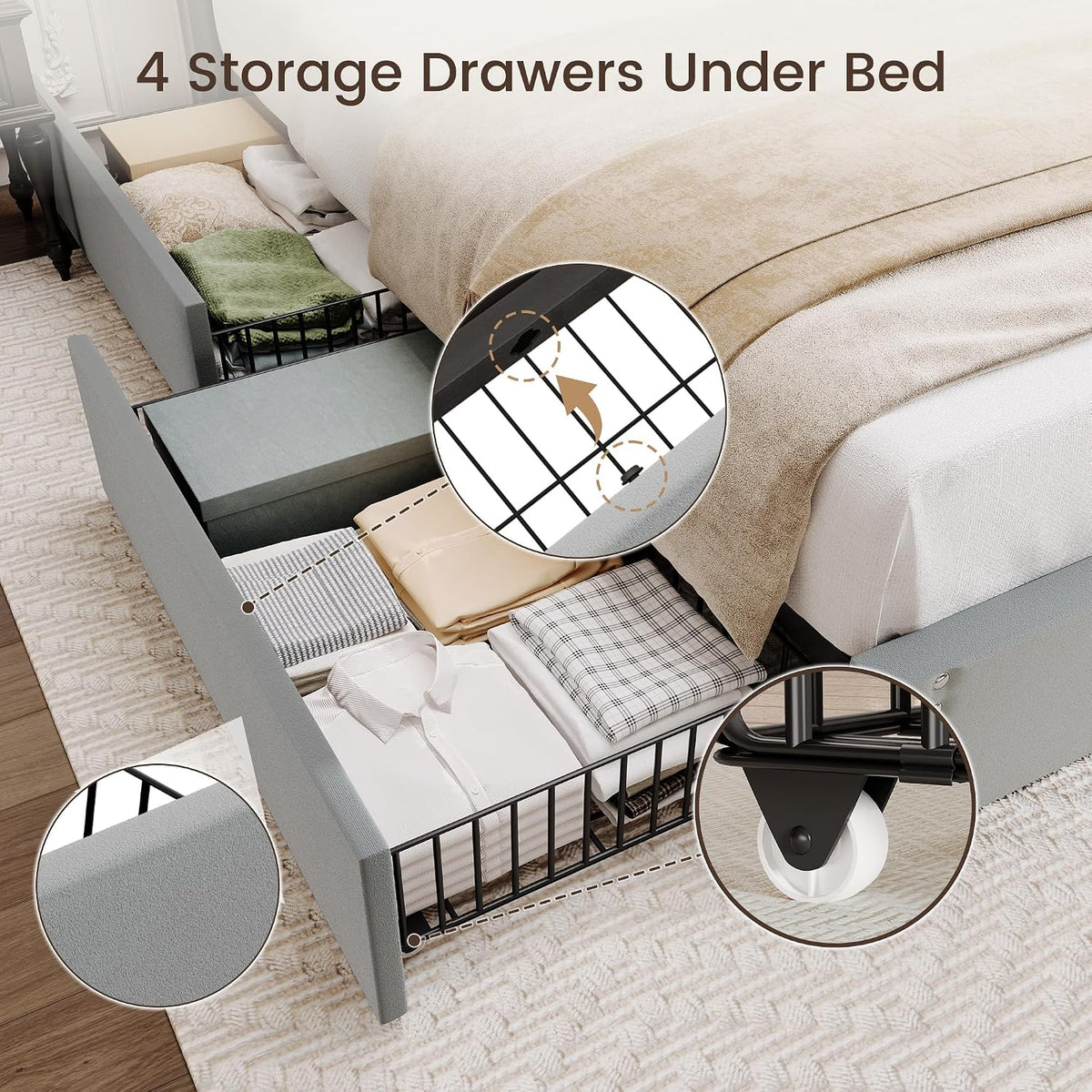 BRELTAM King Size Bed Frame with 4 Storage Drawers and Tufted Headboard Velvet Upholstered Platform Bed Frame with Heavy Duty Wood Slats, No Box Spring Needed, Bluish Grey