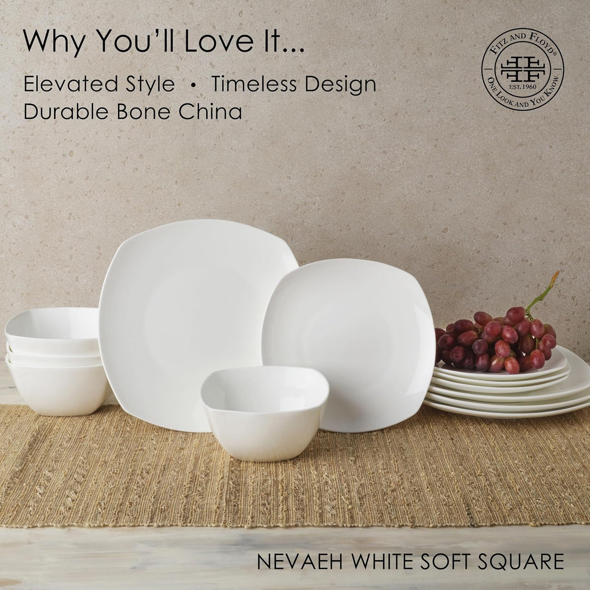 Everyday White by Fitz and Floyd Nevaeh Soft Square 12 Piece Dinnerware Set, Service for 4