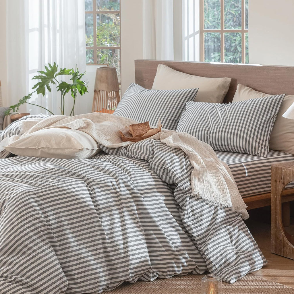 MooMee Striped Duvet Cover Set 100% Washed Cotton Linen Like Textured Breathable Durable Soft Comfy (Dark Grey White Classic Stripes, Oversized King Plus 128'x120')