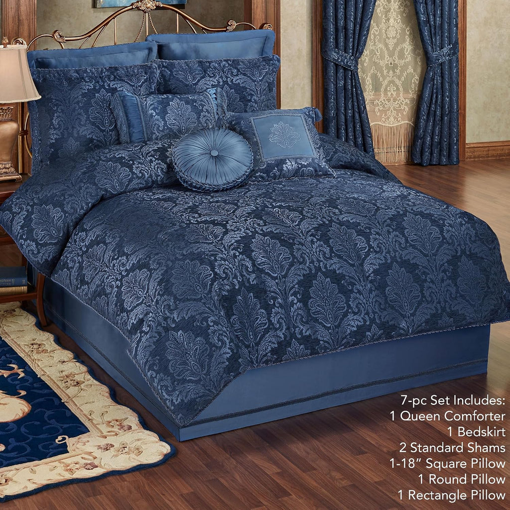 Camelot Luxury Bedding | Calming Navy Blue | Matte Satin Damask on Richly Textured Jacquard-Woven Chenille | 7 Piece Set Includes Queen Comforter, Bedskirt, 2 Standard Shams, and 3 Decorative Pillows