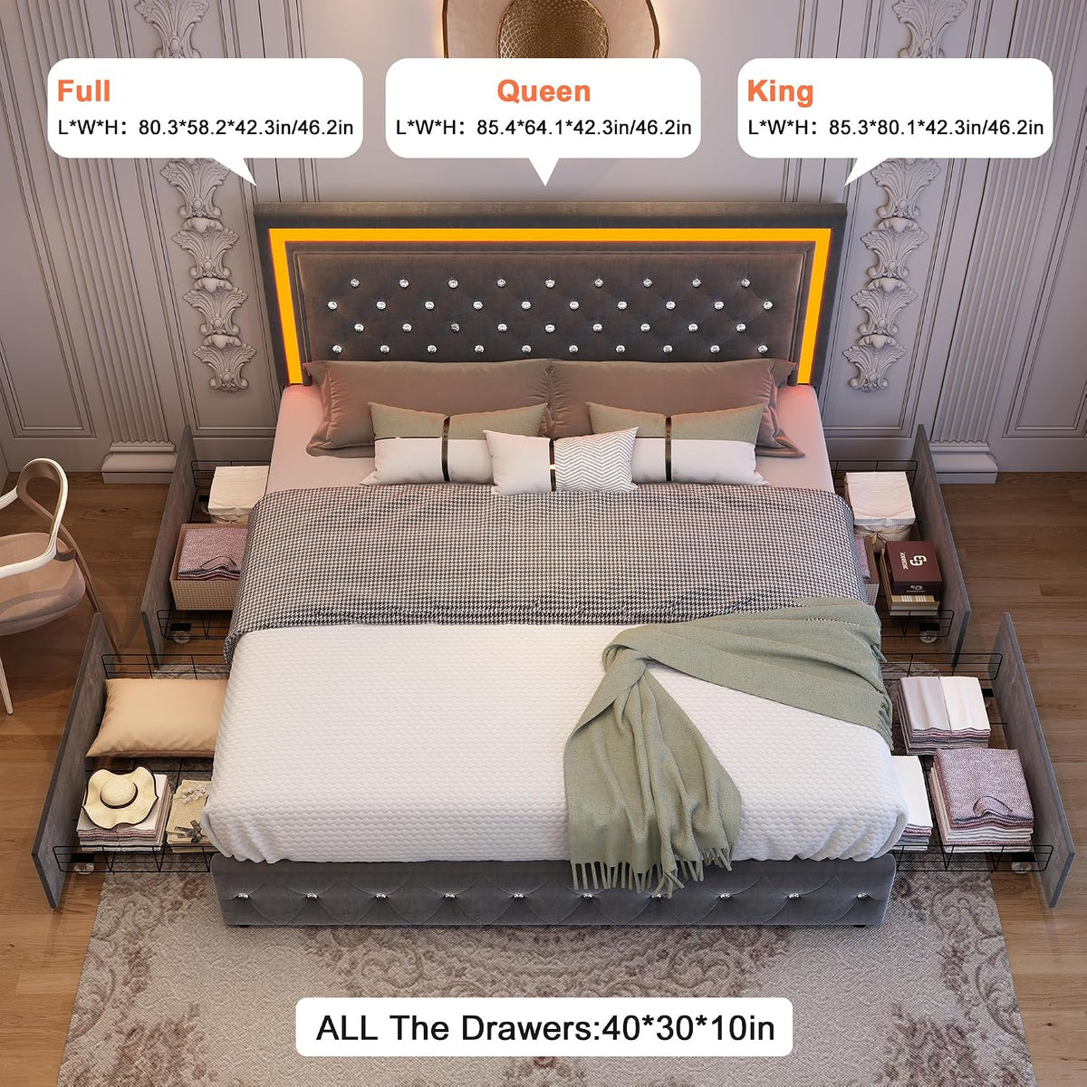 King LED Bed Frame with 4 Storage Drawers Adjustable Headboard with Smart Control RGBW LED, Whisper-Quiet Design, Upholstered Bed Wood Slats Support, No Box Spring Needed, Velvet Grey