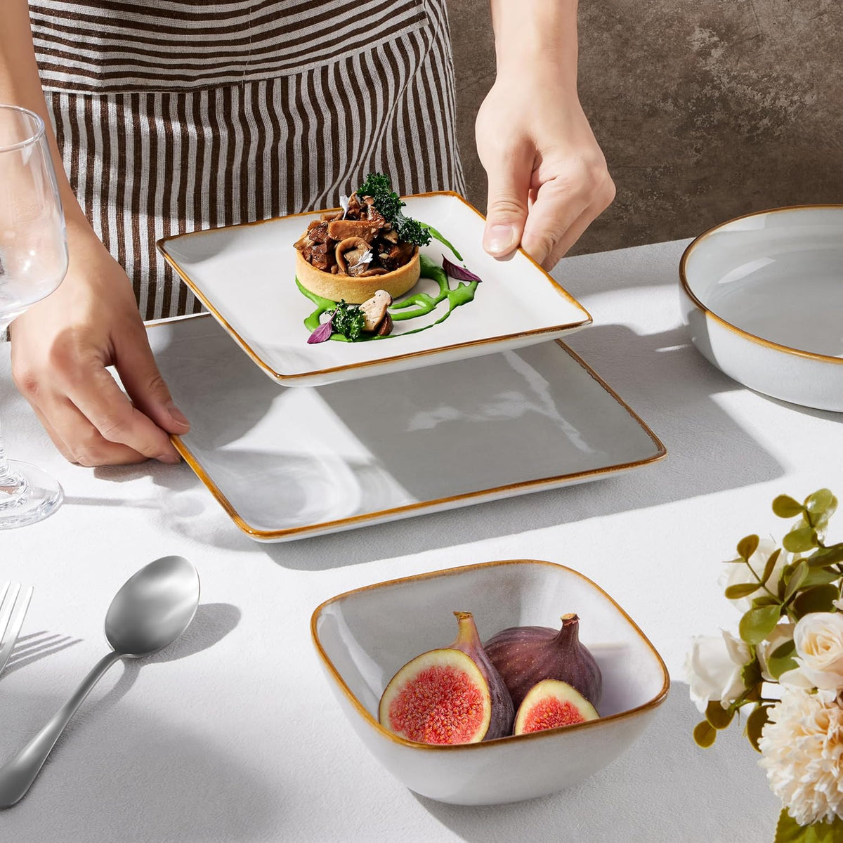 E-far Square plates and bowls Sets for 6, 18-Piece Reactive Glaze Stoneware Dinnerware Sets, Porcelain Dishware Sets for Kitchen Home, Microwave & Dishwasher Safe, Seashell White