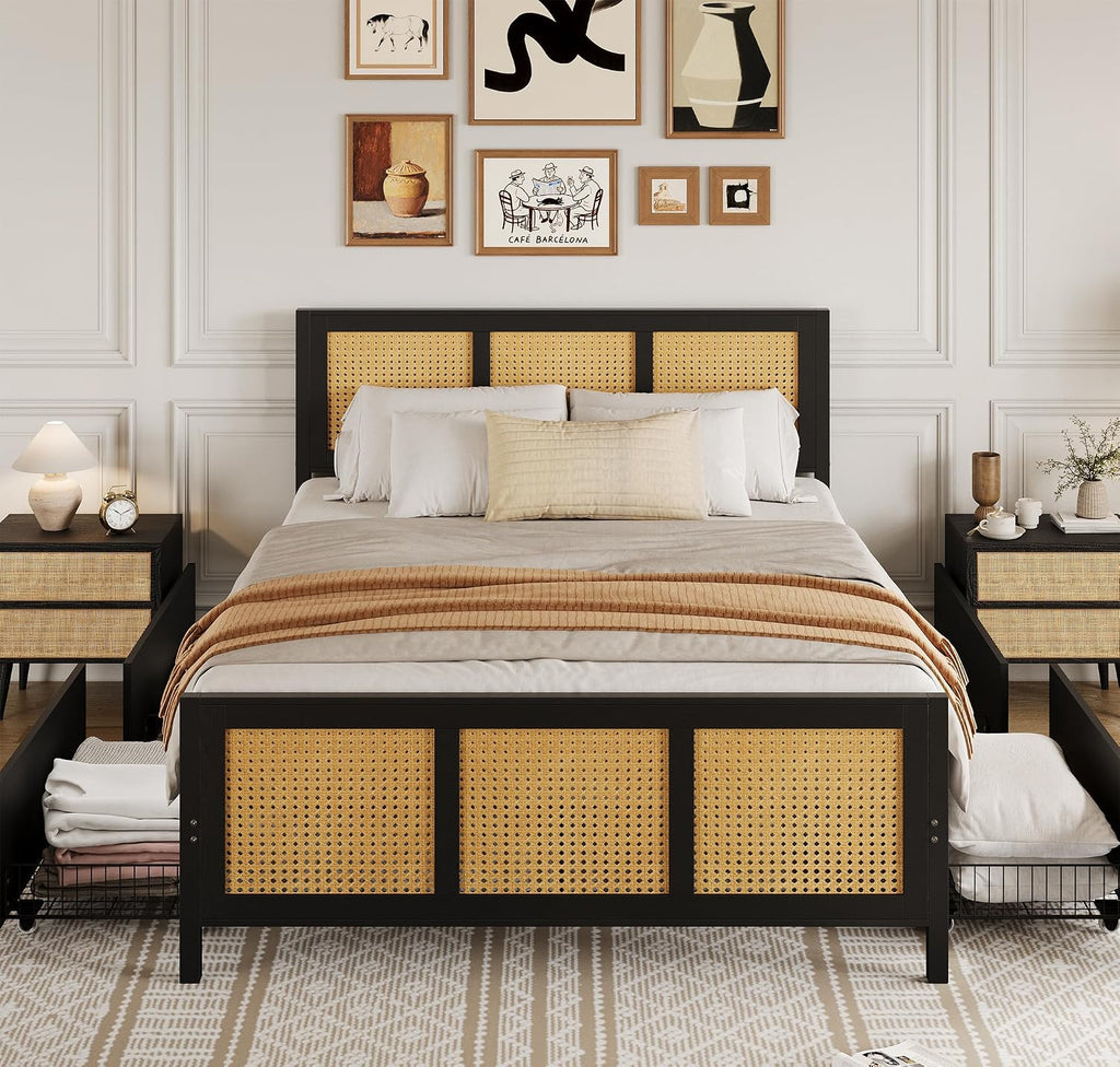 IDEALHOUSE Rattan Bed Frame with Storage Drawers, Boho Full Size Led Bed Frame with Strong Metal Slats Support, No Box Spring Needed, Noise-Free Design, Black