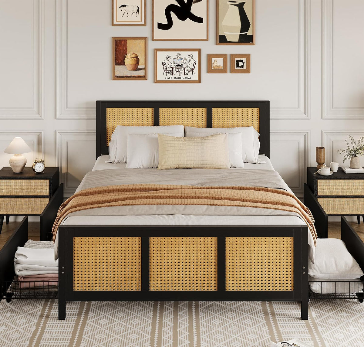 IDEALHOUSE Rattan Bed Frame with Storage Drawers, Boho Full Size Led Bed Frame with Strong Metal Slats Support, No Box Spring Needed, Noise-Free Design, Black