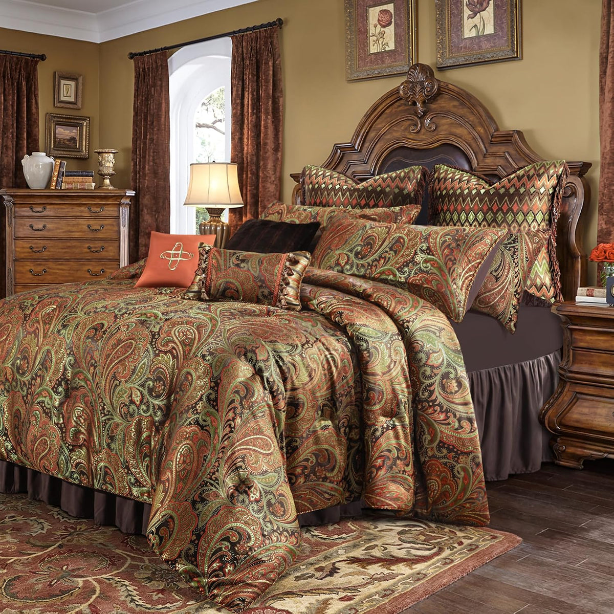 Loom and Mill 9-Piece Jacquard Comforter Sets Queen, Classic Paisley Design Bed in a Bag, Luxury Vintage Damask Bedding Set with Euro Shams, Bedskirt, Filled Decorative Pillow for Home(Queen)