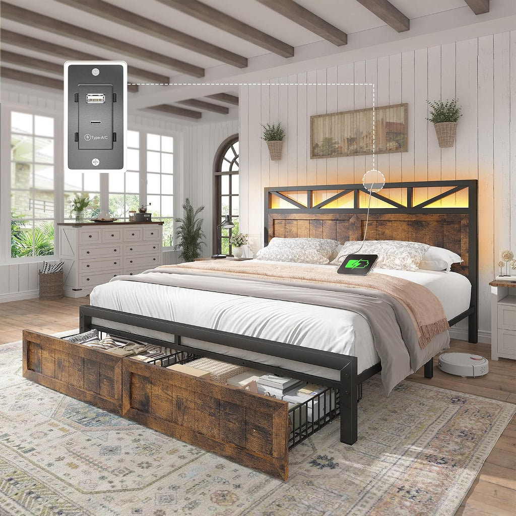 EnHomee Full Size Bed Frame with Headboard, 2 Large Drawers Platform Bed with LED Lights and Built-in Charging Station, No Box Spring Needed, Noise-Free Metal Bed for Bedroom, Brown