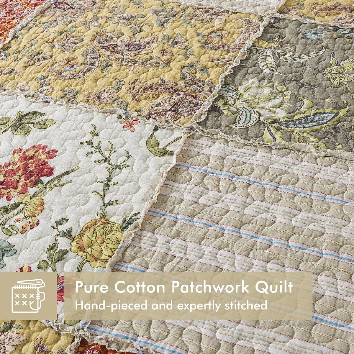 Etwel 100% Cotton Patchwork King Size Quilt Set - Lightweight Breathable Reversible Bedspread for Hot Sleepers, Farmhouse Floral Bedding Set with 2 Pillow Shams for All Season (106'x94', Beige Floral)