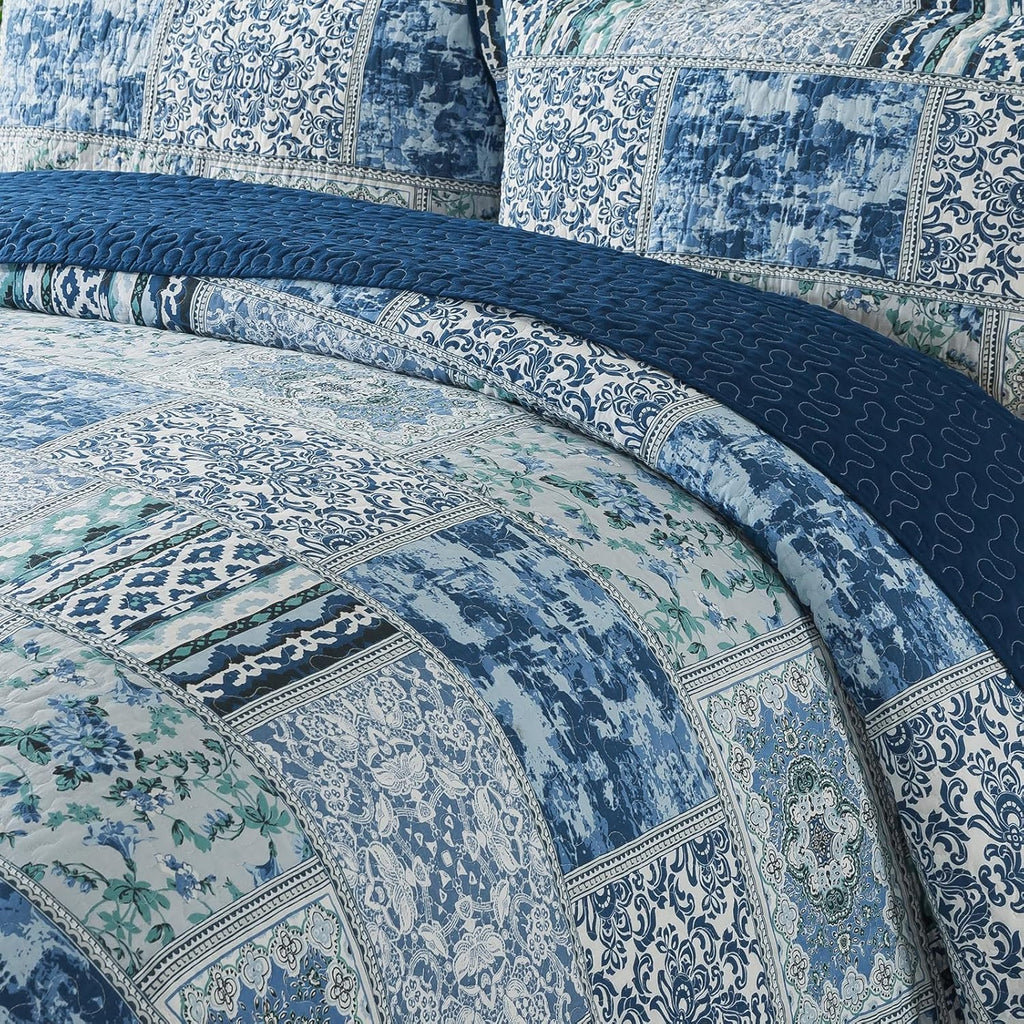 NEWLAKE Cotton Bedspread Quilt Sets-Reversible Patchwork Coverlet Set, Blue Classic Bohemian Pattern,California King Size