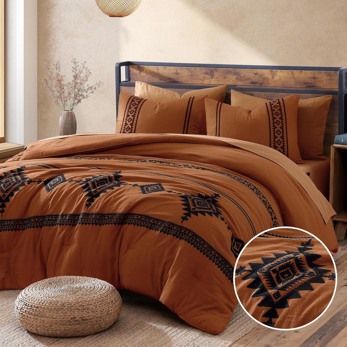 MaiRêve Embroidery Oversized King Size Comforter Set Burnt Orange, Boho Farmhouse Western Bedding Set 7 Pieces, All Season Bed in A Bag Comforter Set with Sheets, Pillowcases & Shams
