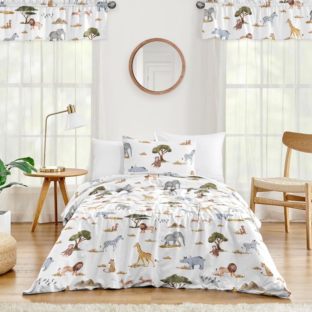 Sweet Jojo Designs 2-Piece Twin Comforter Set (Jungle Animals) for Boys/Girls, Children, Kids Bedding, Bed in a Bag incl. Blanket & Pillow Sham (Wildlife, Safari, Animal, Elephant, Giraffe, Monkey)