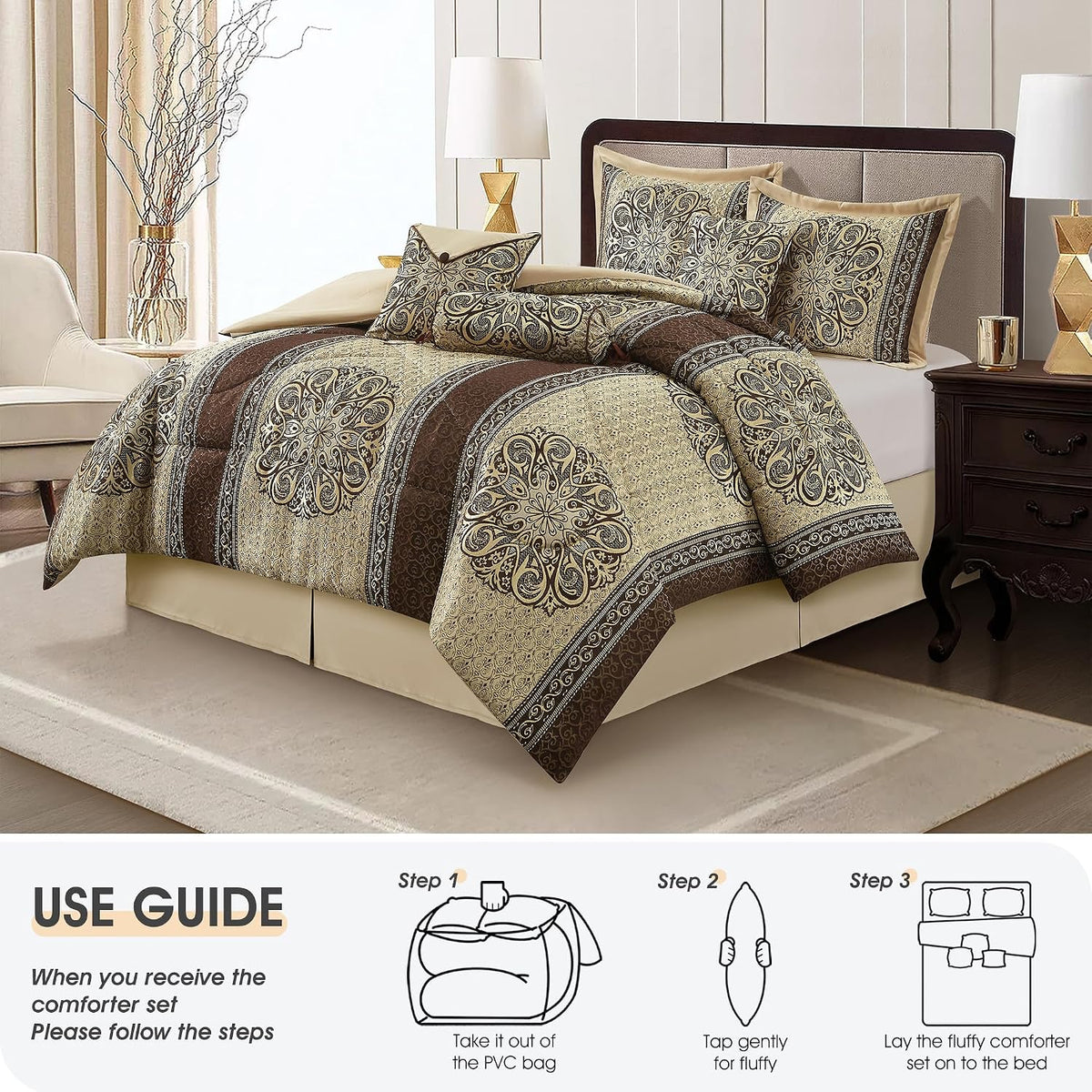 LANCO MODERN LIFESTYLE King Size Comforter Set, Brown Medallion Jacquard Design, Luxurious Bohemian 7 Pieces Bedding Set with Decorative Pillows and Bed Skirt