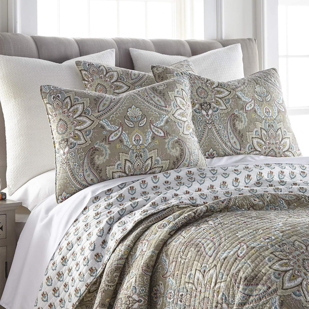 Levtex Home - Kassandra Quilt Set - Full/Queen Quilt (88x92in.) + Two Standard Pillow Shams (20x26in.) - Medallion - Taupe, Beige, Cream, Teal, Red and Green - Reversible - Cotton Fabric
