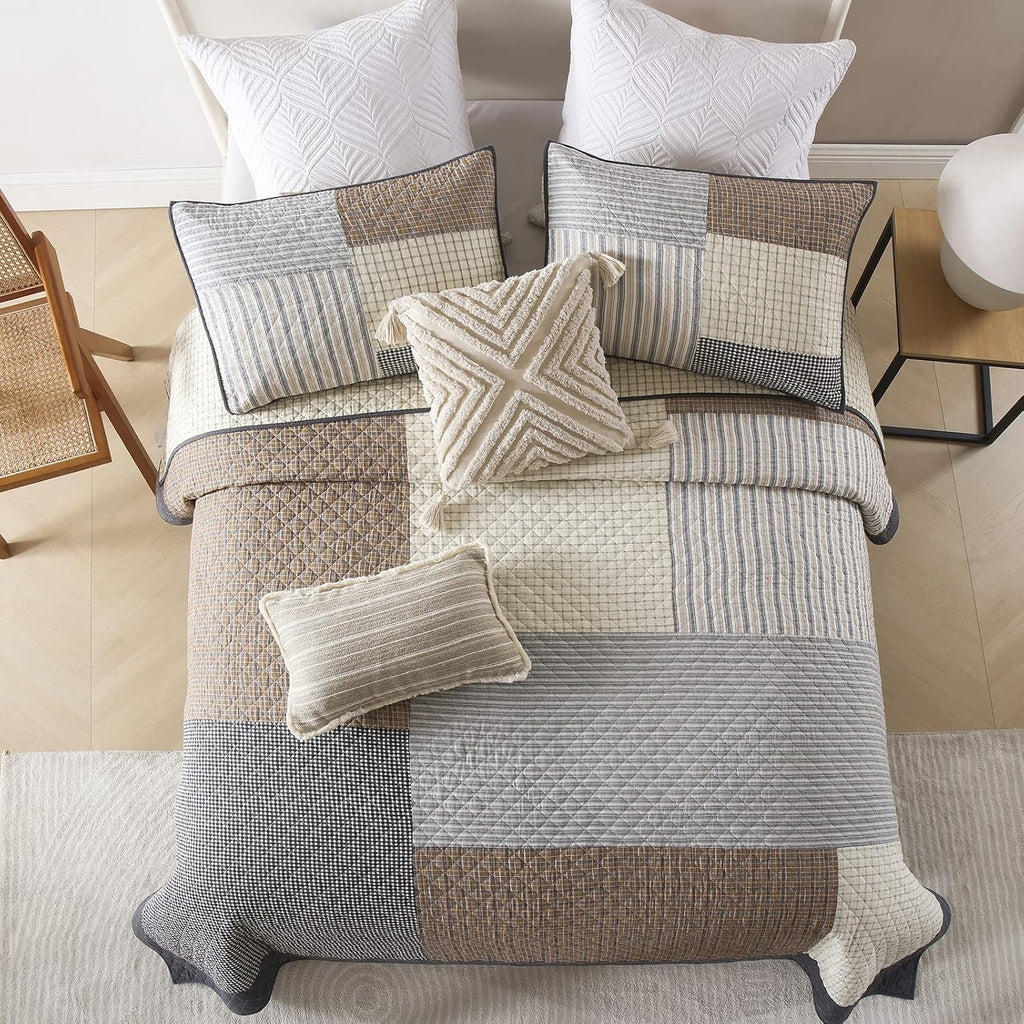 Quilts Queen Size - Queen Quilt Bedspread, 100% Cotton Patchwork Quilt Bedding Set for Queen Bed, 3 Pieces Plaid Farmhouse Reversible Rustic Lightweight Comforter Spread, Brown/Beige/Gray