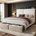 Homkdom Queen Bed Frame with 2 Drawers and 51.3''Tall Headboard, Velvet Platform Storage Bedframe with 3 Charging Ports and Wooden Slats Support, No Box Spring Needed, Beige