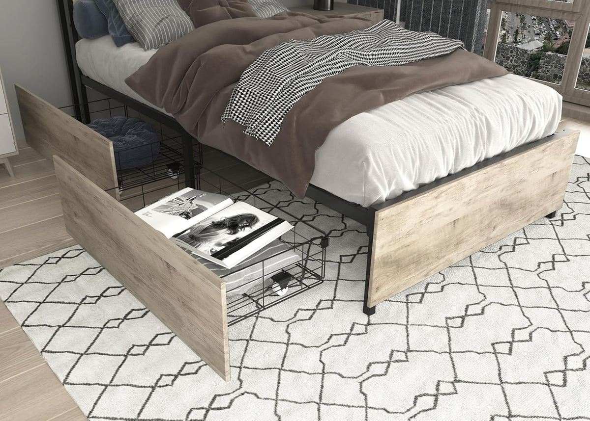 Twin Bed Frame with 4 Storage Drawers,Storage Headboard with Charging Station, Solid and Stable, Noise Free, No Box Spring Needed, Easy Assembly,Gray (Twin)