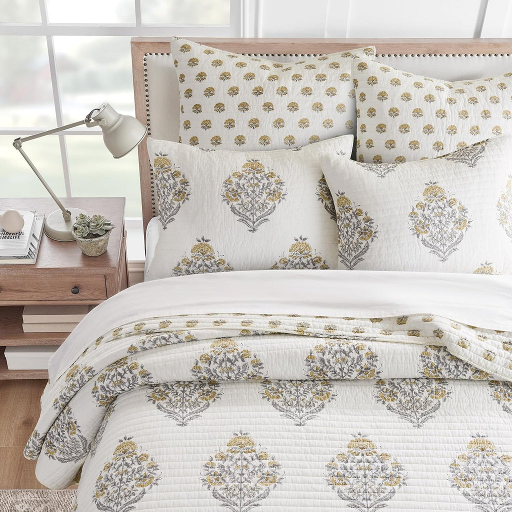Levtex Home - Kamira Ochre Quilt Set - Full/Queen Quilt and Two Standard Shams - Bordered Floral - Ochre, Grey and Cream - Quilt (88x92in.) and Shams (20x26in.) - Reversible - Cotton