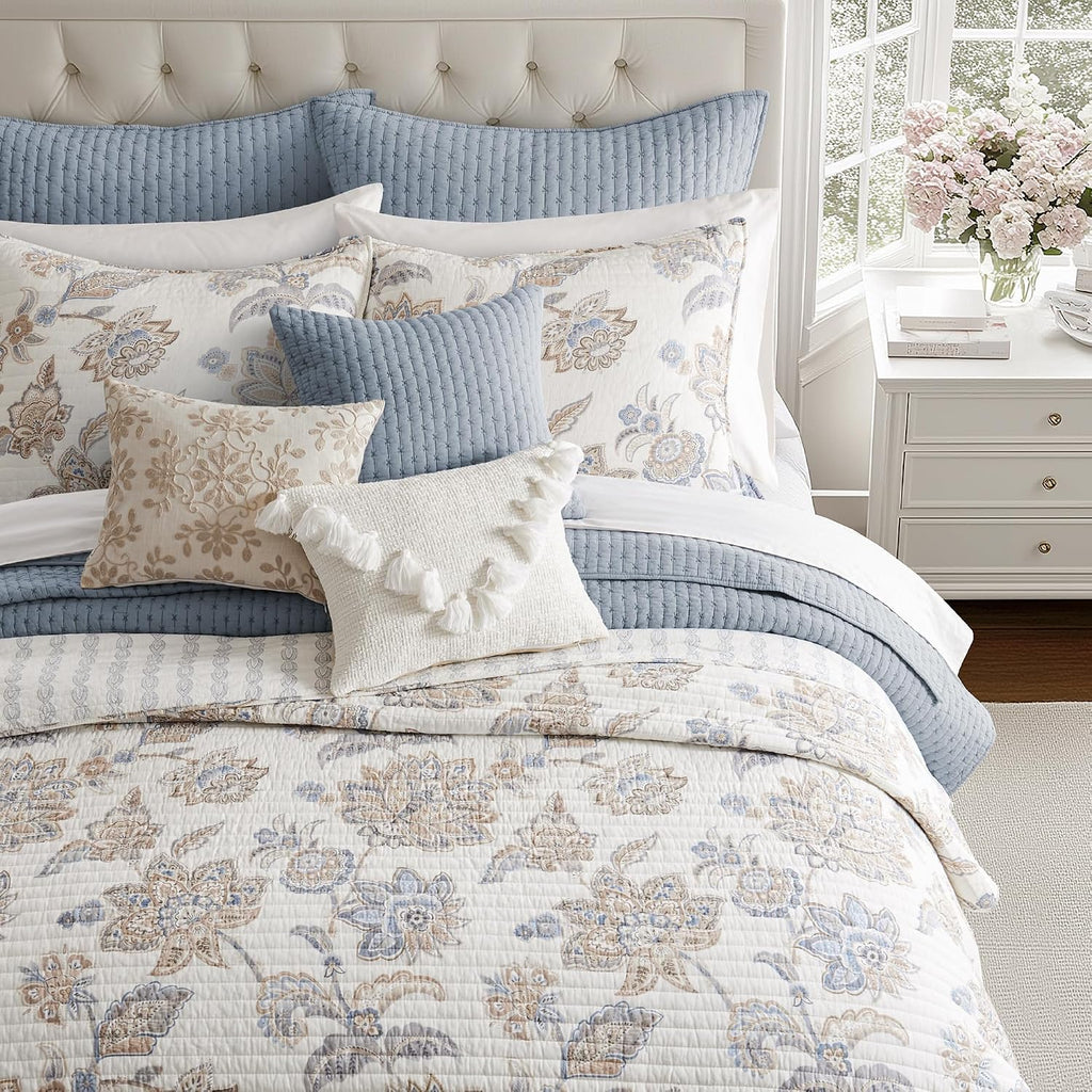 Levtex Home - Selesta Blue Quilt Set - Full/Queen Quilt and Two Standard Shams - Floral - Blue Taupe Grey - Quilt (88x92in.) and Shams (20x26in.) - Reversible - Cotton